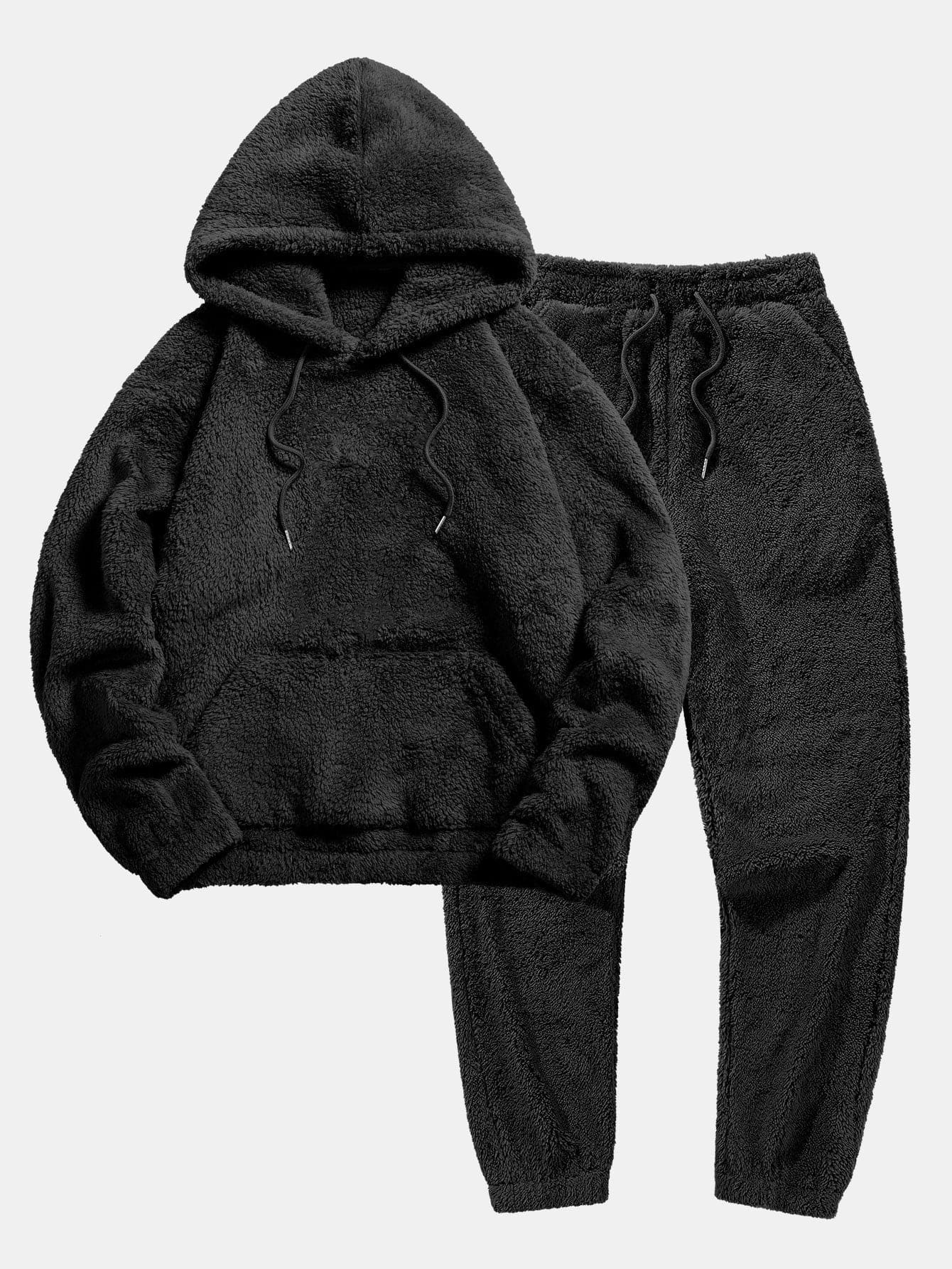Schwarzer Fleece-Hoodie und Jogginghose Set, gemütliche Winterkleidung, weiches Material, ideal für kalte Tage, modischer Freizeitlook.