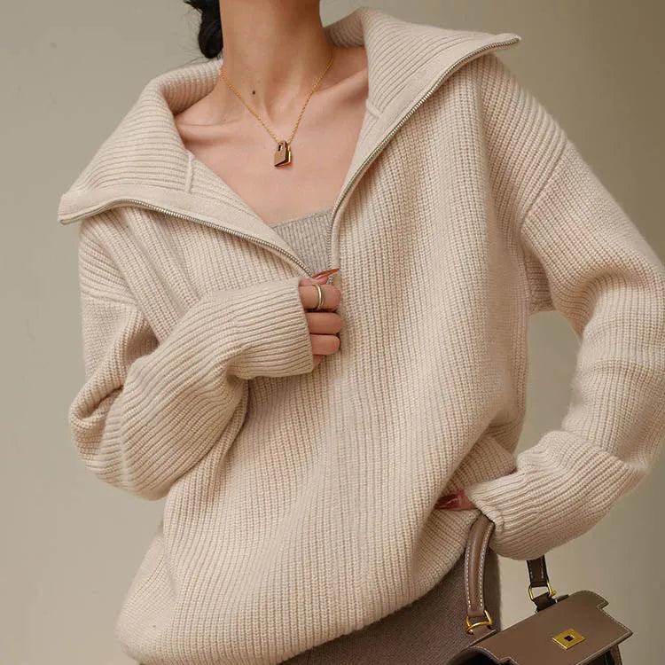 Women's Knit Sweater with Zipper Collar Long Sleeve