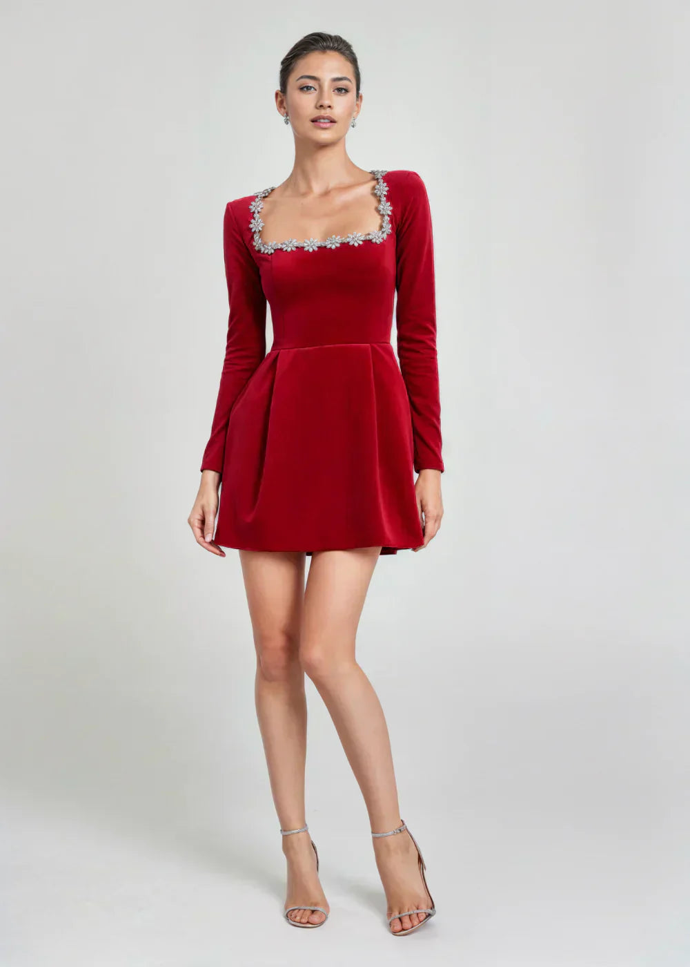 Women's Long Sleeve Velvet Mini Dress Square Neck Floral Details Flared Skirt – Evening and Party Wear
