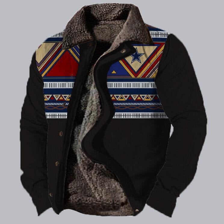 Schwarze Jacke mit buntem, geometrischem Aztekenmuster und Sternmotiv, gefüttert mit weichem Fell. Modische Winterjacke für Herren.