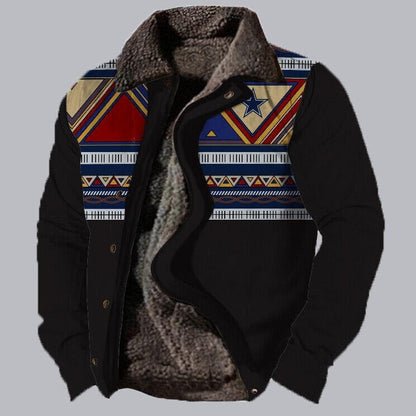 Schwarze Jacke mit buntem, geometrischem Aztekenmuster und Sternmotiv, gefüttert mit weichem Fell. Modische Winterjacke für Herren.