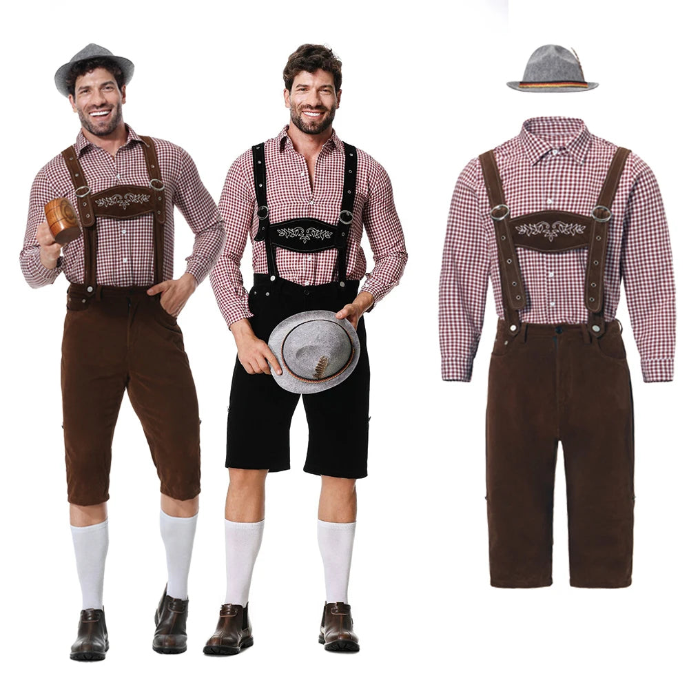 Zwei Männer in traditioneller bayerischer Tracht mit Lederhosen, karierten Hemden und Hüten. Oktoberfest Kleidung, Trachtenmode, bayerische Kultur.