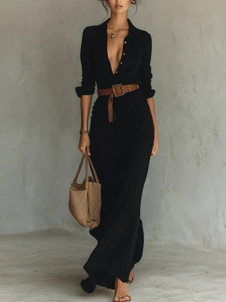 Damen-Herbstkleid Mit Unregelmäßigen Rüschen, Gürtel Und Langen Ärmeln