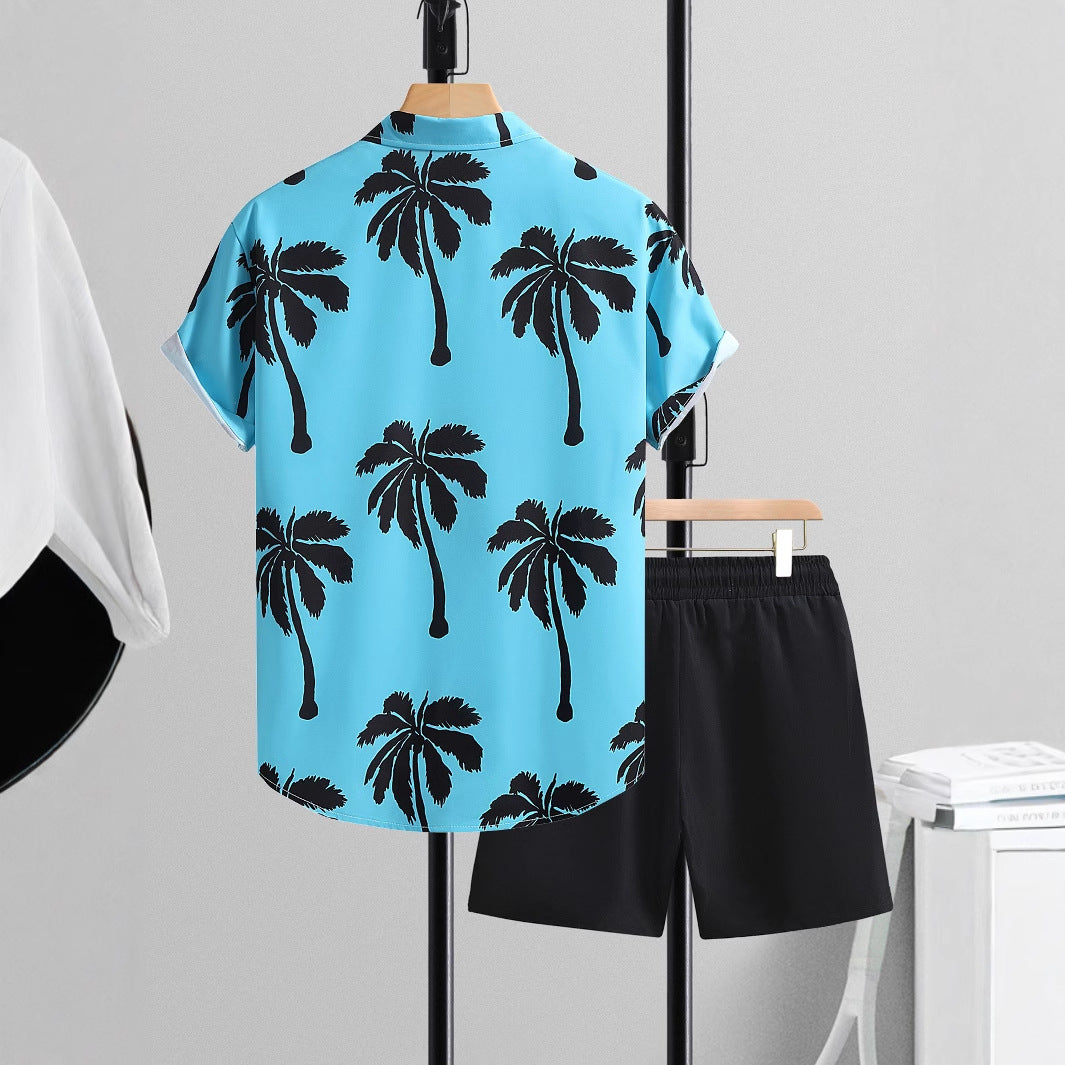 Men's Summer Short Sleeve Shirt and Pants Set Casual Two-Piece Suit Solid Color Lightweight Outfit