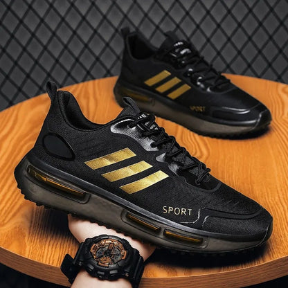 Men's lace-up sports sneakers with air-cushion sole and rounded toe