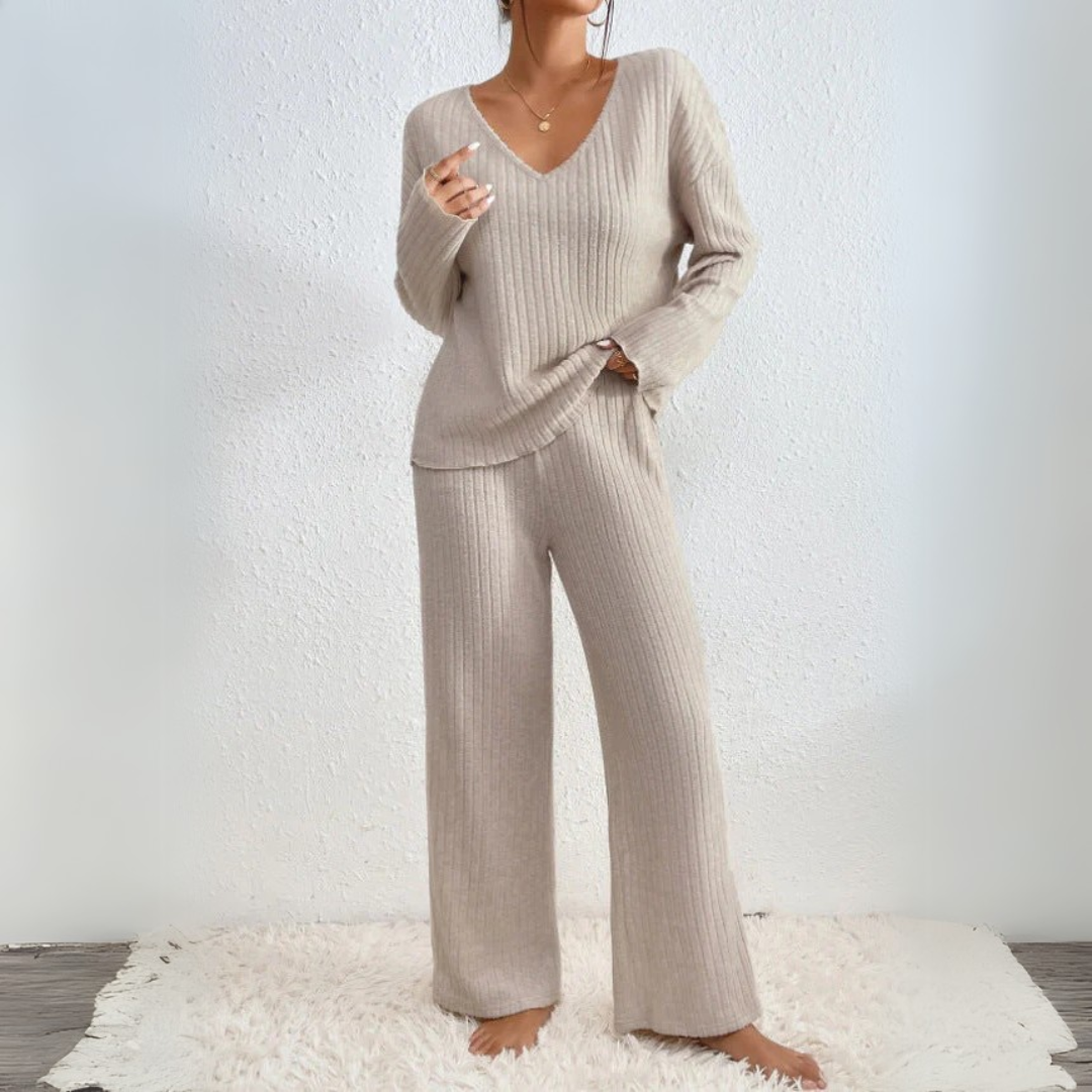 Damen Loungewear Set Mit V-Ausschnitt Pullover Und Gerade Geschnittenen Hosen