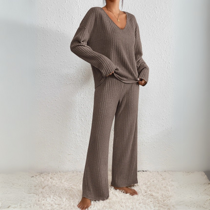 Damen Loungewear Set Mit V-Ausschnitt Pullover Und Gerade Geschnittenen Hosen