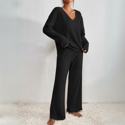 Damen Loungewear Set Mit V-Ausschnitt Pullover Und Gerade Geschnittenen Hosen
