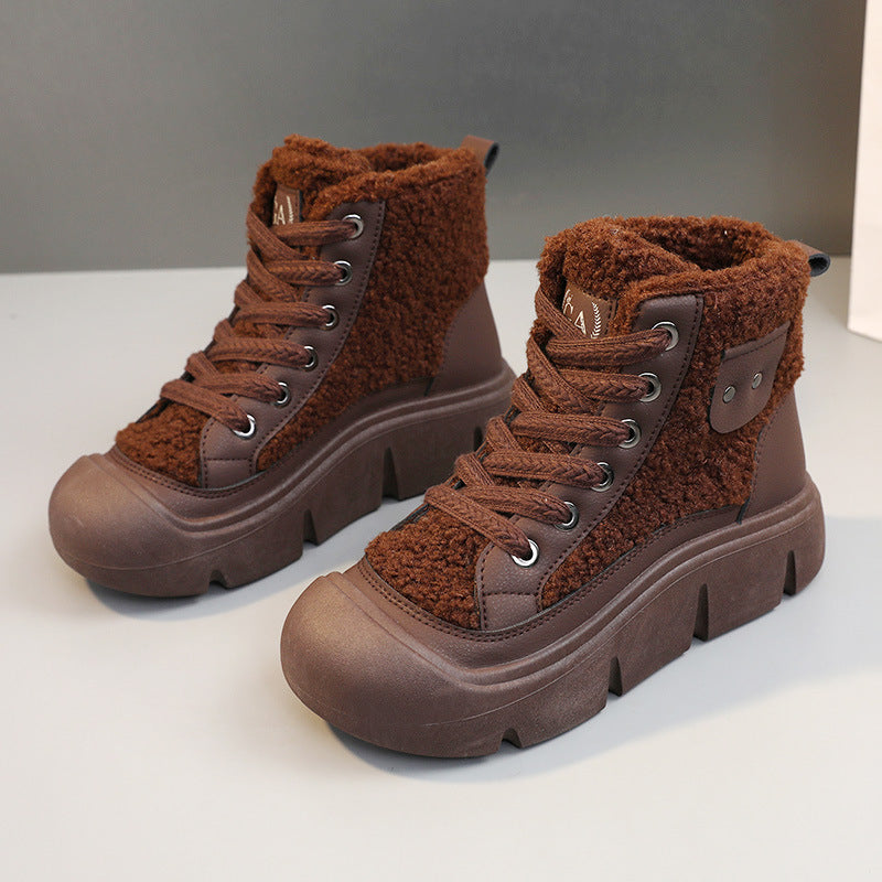 Women's winter high-top sneakers with laces, round toe, and non-slip rubber sole