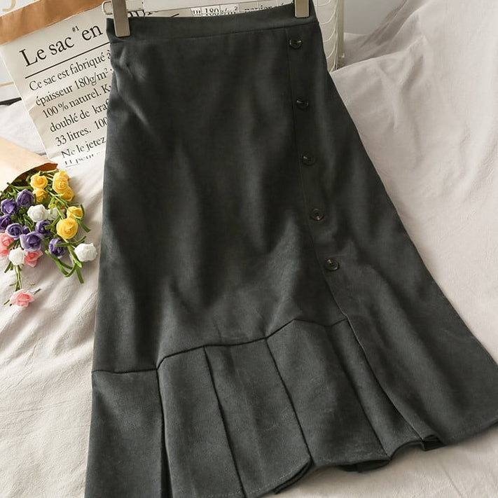 Women's mid-length skirt with button placket and side slit