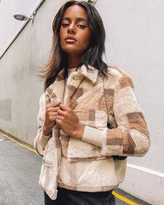 Damen Winterjacke aus kariertem Samt Stil mit Stehkragen und langen Ärmeln