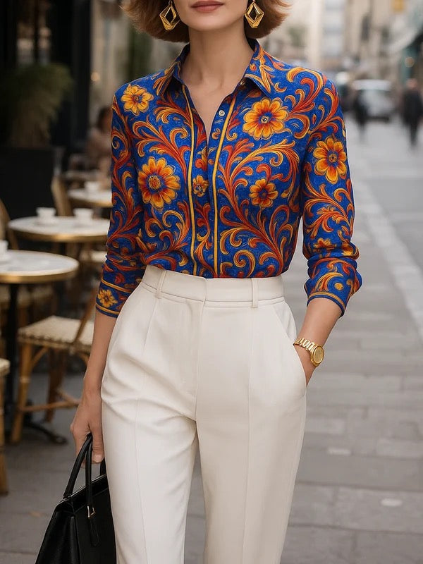 Women's Spring Blouse with Floral Pattern and Button Closure