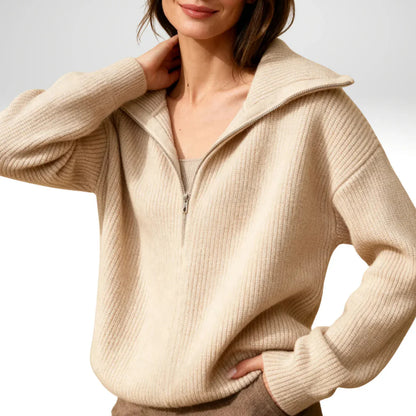 Women's Knit Sweater with Zipper Collar Long Sleeve