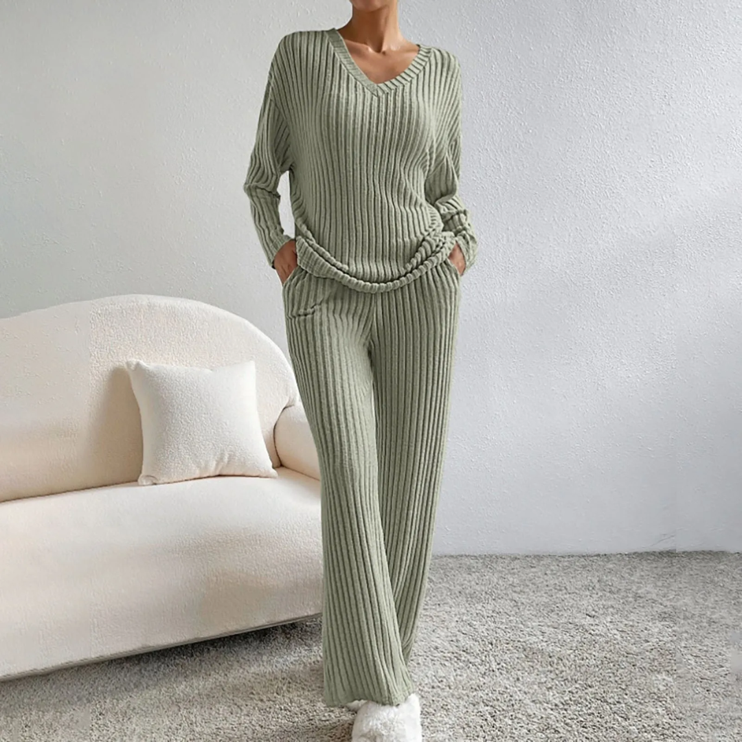 Damen Loungewear Set Mit V-Ausschnitt Pullover Und Gerade Geschnittenen Hosen