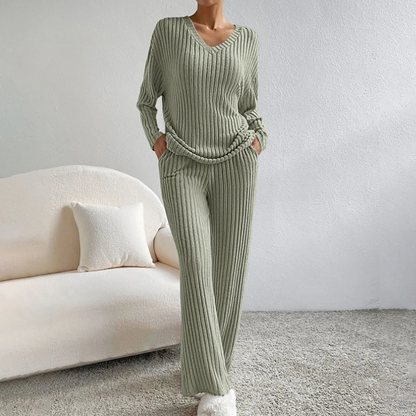 Damen Loungewear Set Mit V-Ausschnitt Pullover Und Gerade Geschnittenen Hosen