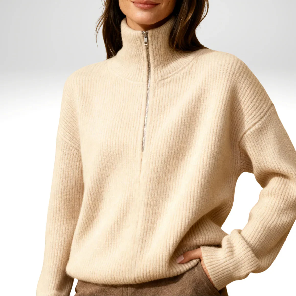 Women's Knit Sweater with Zipper Collar Long Sleeve