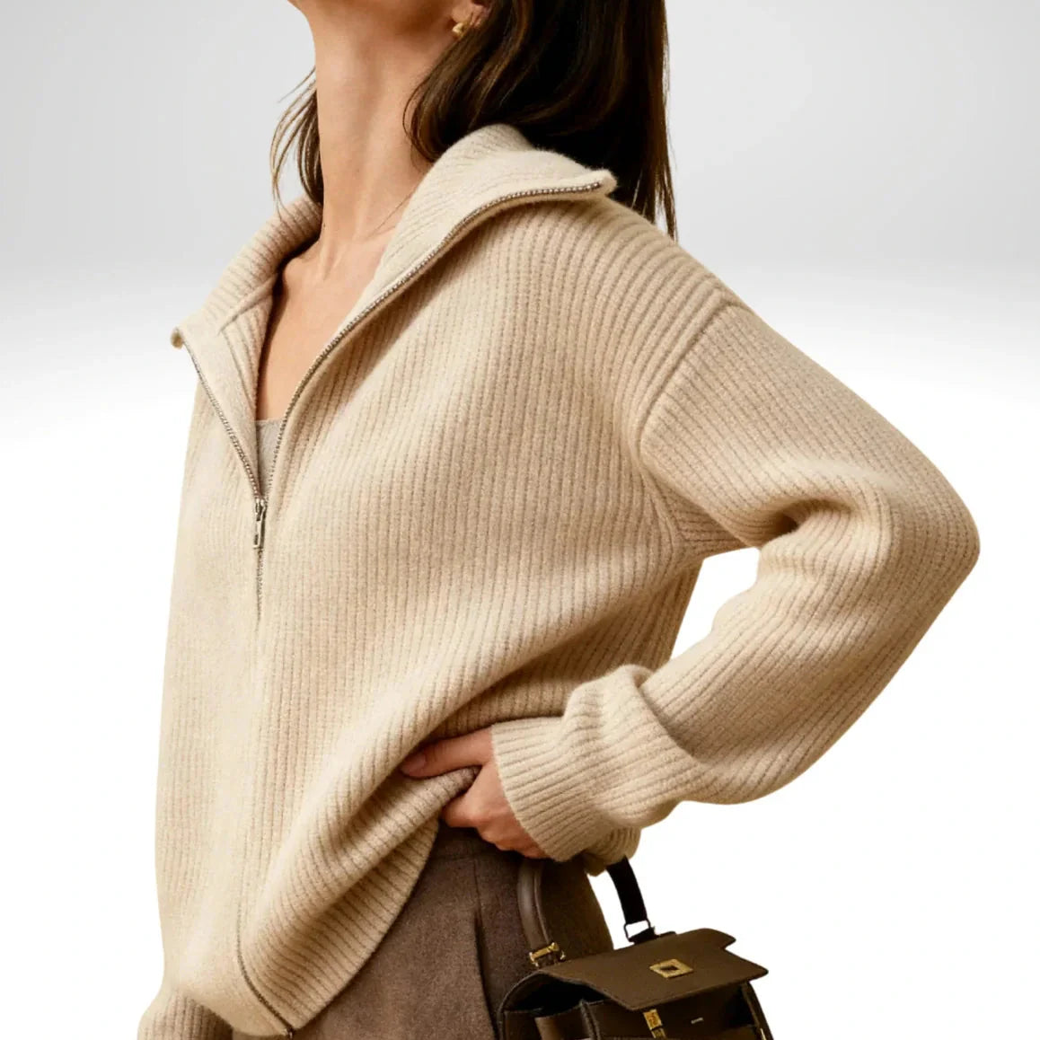 Women's Knit Sweater with Zipper Collar Long Sleeve