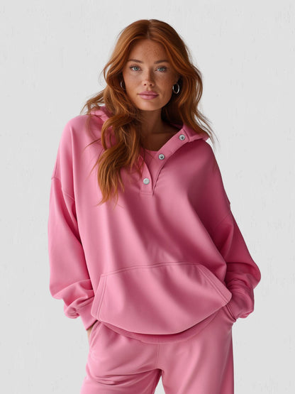 Women's Oversized Hoodie with Quarter Button Placket, Long Sleeves, Hood, Loose Fit