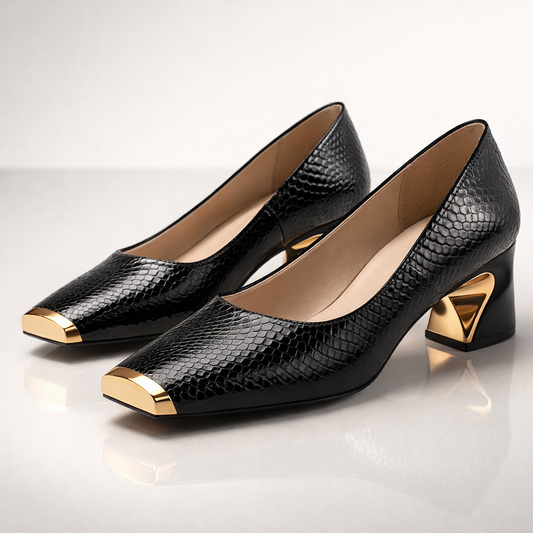 Damen Pumps mit Blockabsatz und Metallic Akzenten