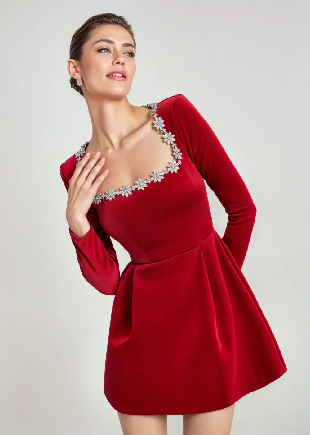 Women's Long Sleeve Velvet Mini Dress Square Neck Floral Details Flared Skirt – Evening and Party Wear