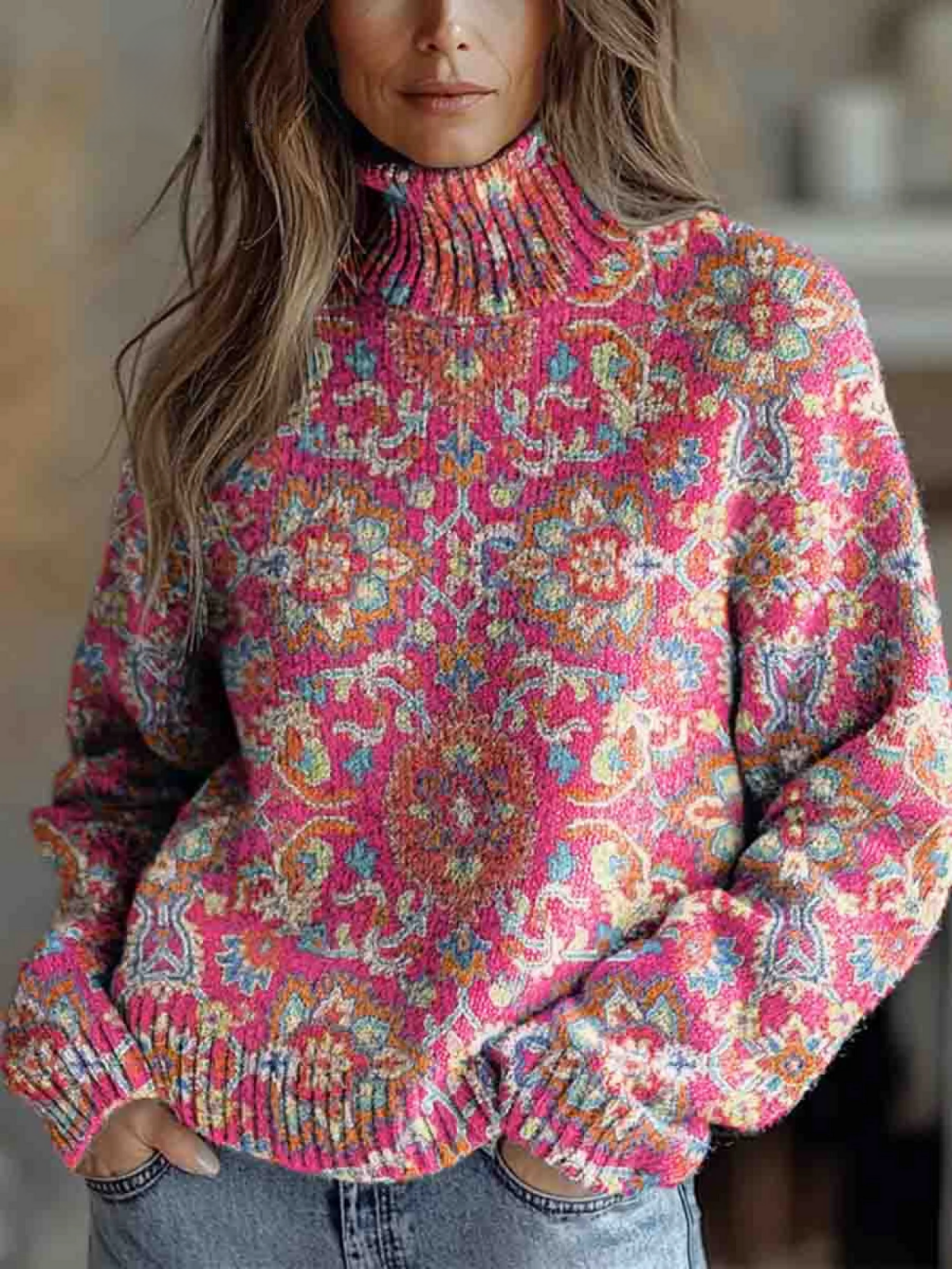 Damen Strick Rollkragenpullover Ethno Blumenmuster Lockerer Schnitt Gerippte Bündchen – Alltag und Winter