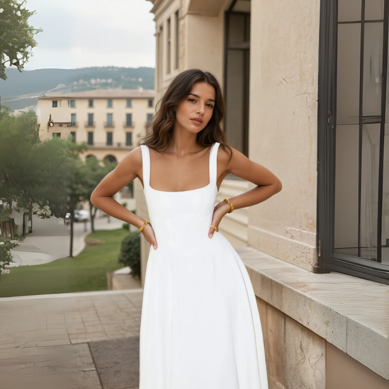 Women's mid-length dress with square neckline, V-shaped waist, and built-in cups