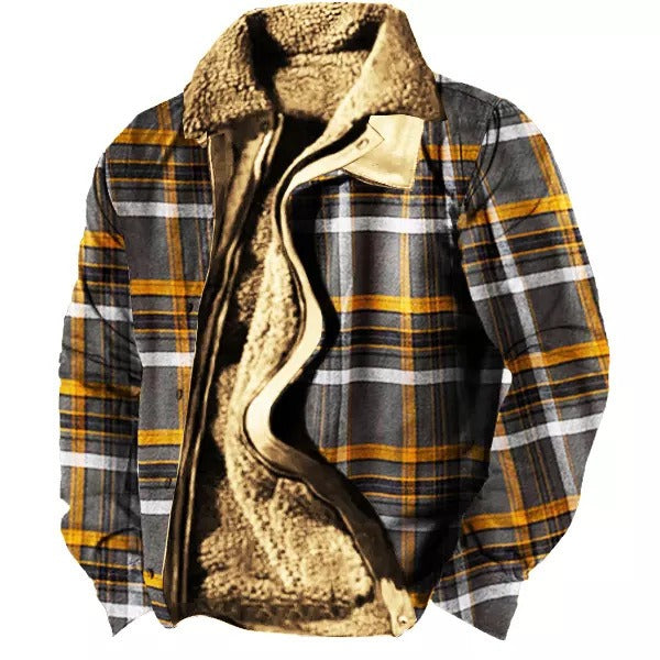 Kariertes Herrenhemd mit gelb-grauem Muster und warmem Fleecefutter. Ideal für Herbst und Winter. Modisches, funktionales Design.