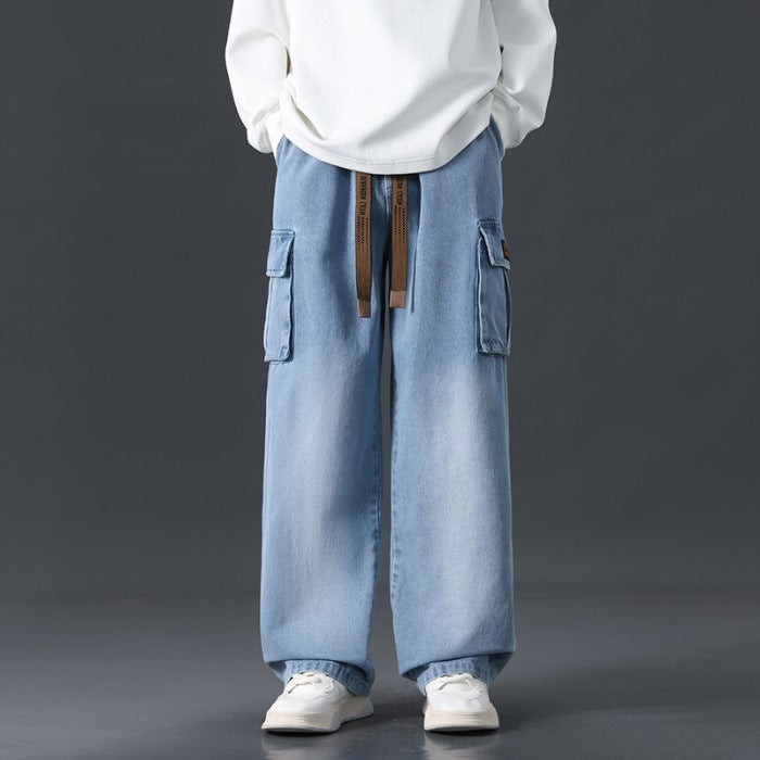Herren-Denim-Jeans Für Den Herbst, Weites Bein, Gerader Schnitt, Locker Fallend, Farbverlauf, Gewaschen, Mittelhoher Bund Mit Mikro-Gummizug