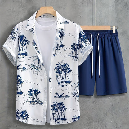 Men's Hawaiian Shirt with Lapel Button and Shorts, Two-Piece Set, Short Sleeve, Lightweight Polyester Fabric, Various Sizes