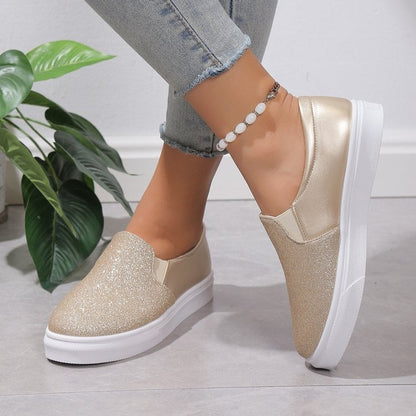 Women's slip-ons with round toe, sequins, elastic band, and flat rubber sole
