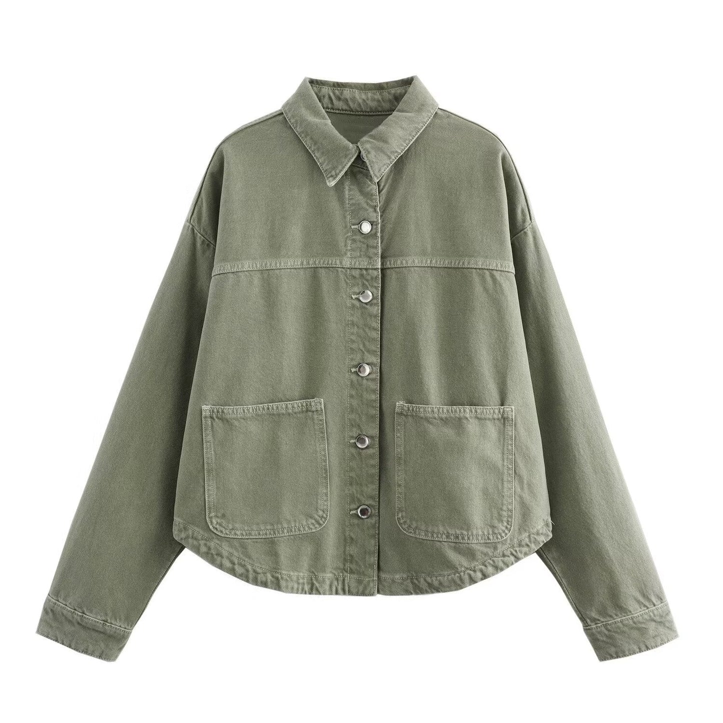 Women's denim-mix shirt jacket with button placket and contrasting design