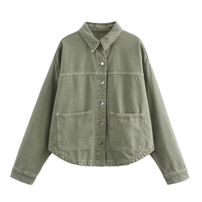 Women's denim-mix shirt jacket with button placket and contrasting design