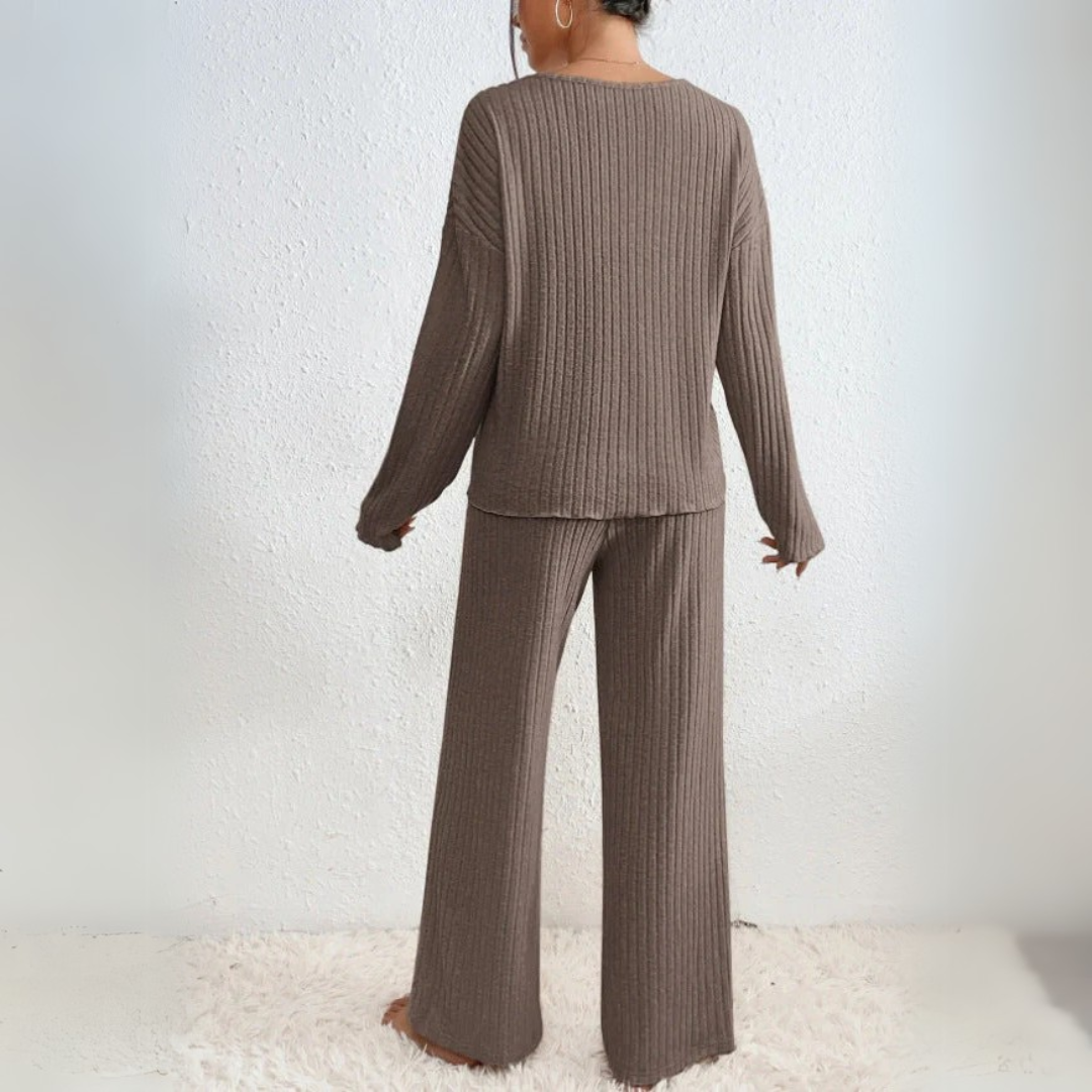 Damen Loungewear Set Mit V-Ausschnitt Pullover Und Gerade Geschnittenen Hosen