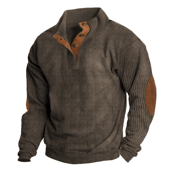 Grauer Strickpullover mit braunen Ellenbogen-Patches und Knopfleiste, Herrenmode, warm, stilvoll, ideal für Herbst und Winter, Freizeitkleidung.
