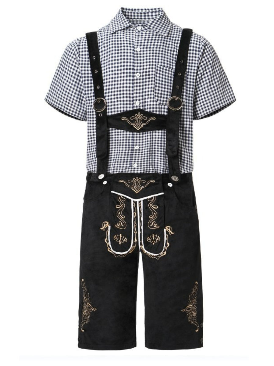 Kinder-Lederhose mit traditionellem Stickmuster, kombiniert mit kariertem Hemd. Perfekt für Oktoberfest, Trachtenmode, bayerische Kleidung.
