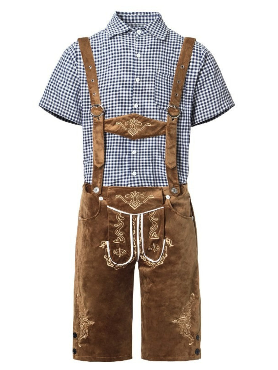Bayerische Tracht: Traditionelle Lederhose mit Hosenträgern und blau-weiß kariertem Hemd. Perfekt für Oktoberfest und Volksfeste.