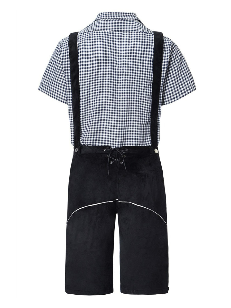 Schwarze Lederhose mit Hosenträgern und kariertem Hemd, Rückansicht. Traditionelle bayerische Tracht, ideal für Oktoberfest und Volksfeste.