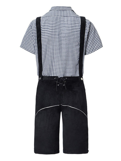 Schwarze Lederhose mit Hosenträgern und kariertem Hemd, Rückansicht. Traditionelle bayerische Tracht, ideal für Oktoberfest und Volksfeste.