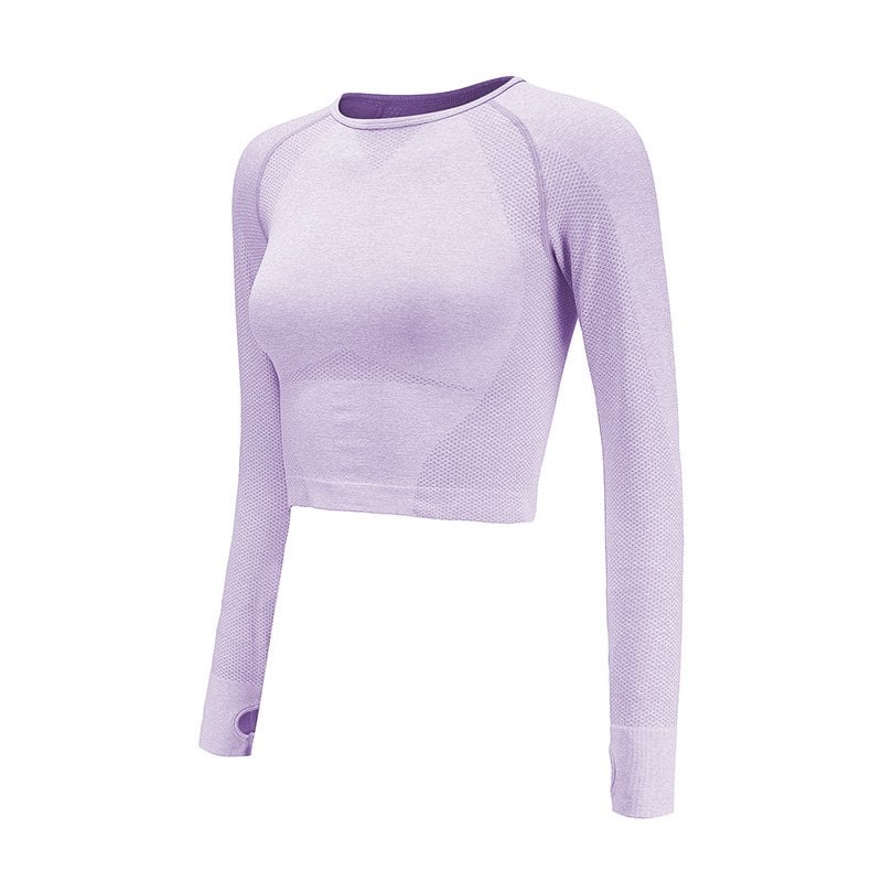 Lila Damen-Langarm-Crop-Top, nahtloses Design, sportlich, atmungsaktiv, ideal für Fitness und Yoga.