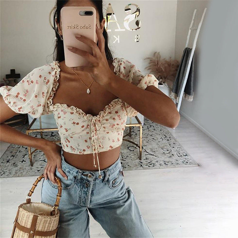 Damen-Crop-Top Mit Schmalem U-Ausschnitt Und Blumenmuster