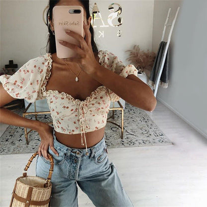 Damen-Crop-Top Mit Schmalem U-Ausschnitt Und Blumenmuster