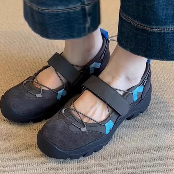 Damen Mary Jane Schuhe Mit Klettverschluss, Dicker Sohle Und Runder Zehenpartie