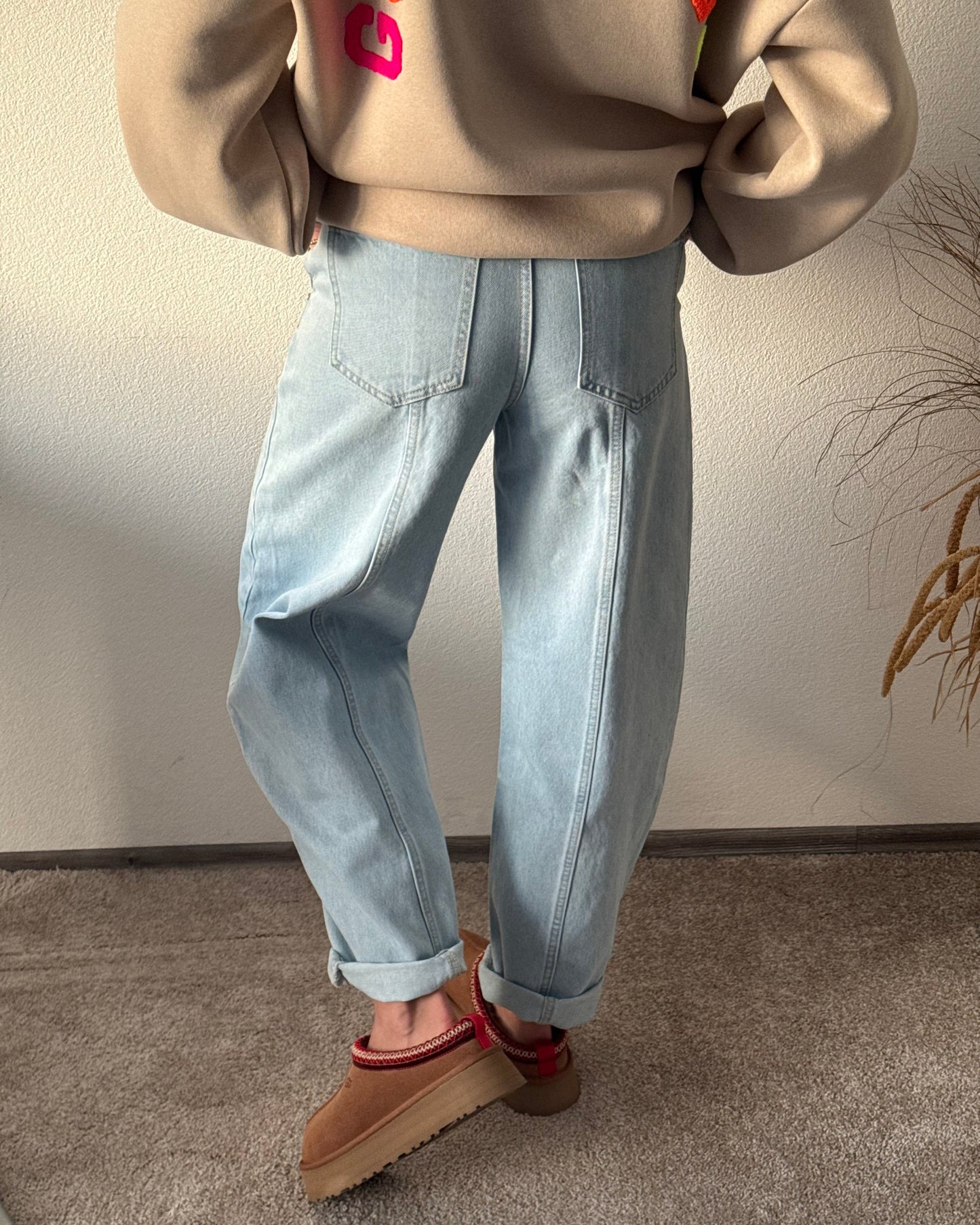 Damen Barrel Jeans mit weitem Bein, mittlerer Taille, Hellblau – Denim Style