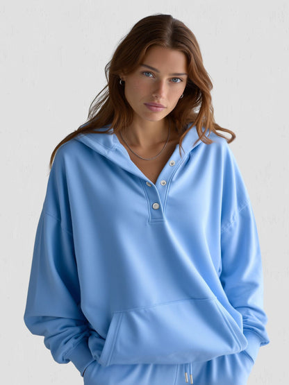 Women's Oversized Hoodie with Quarter Button Placket, Long Sleeves, Hood, Loose Fit