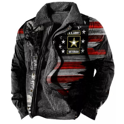 Schwarze US-Armee-Veteranenjacke mit amerikanischer Flagge, Sternen und Abzeichen. Warme Winterjacke, patriotisches Design, Herrenmode.