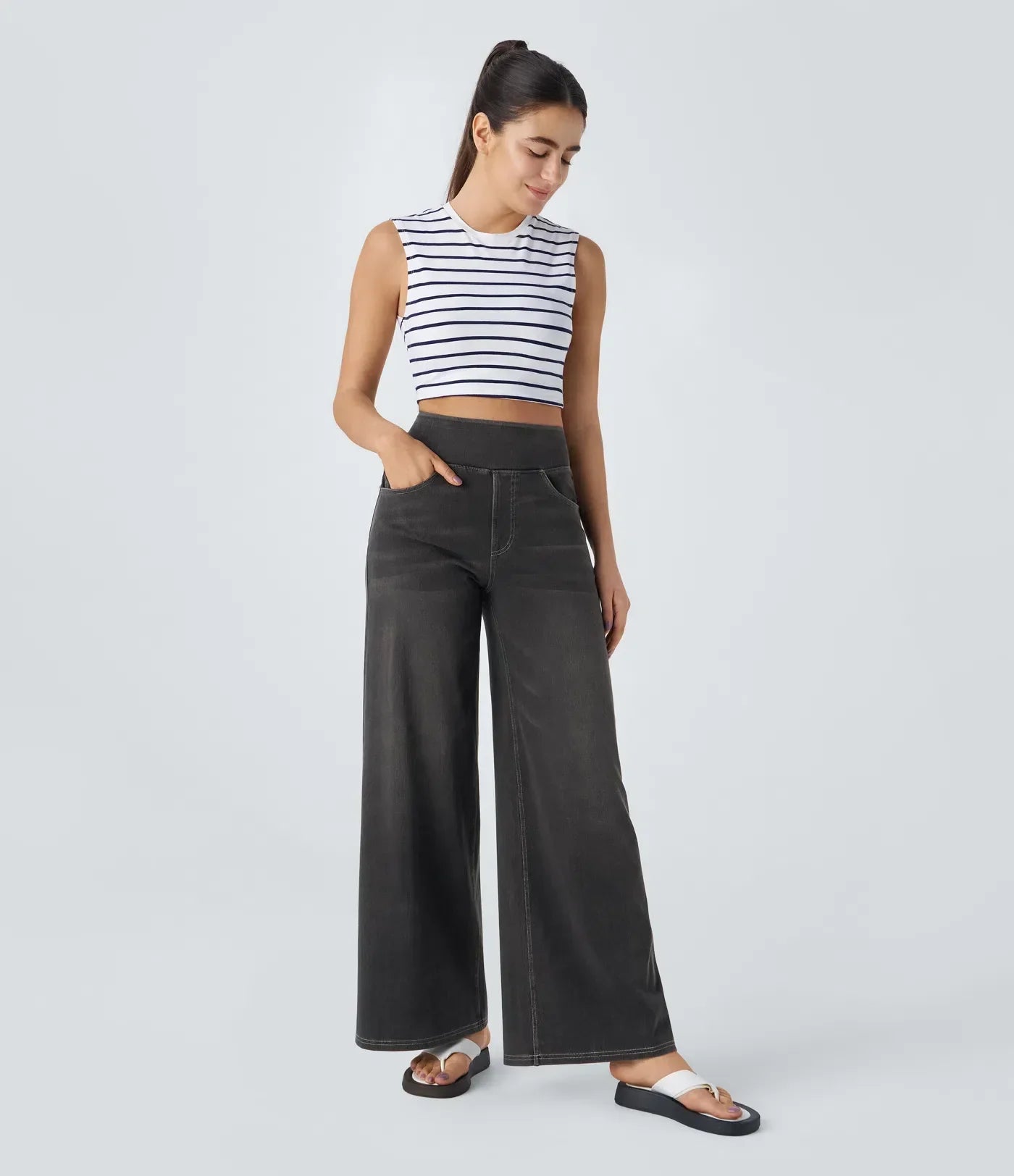 Women's Pants with High Waist and Elastic Waistband