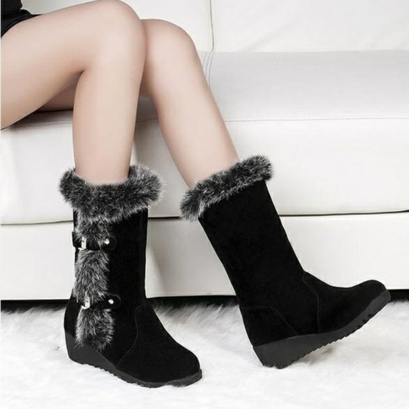 Women's winter calf-high slip-on boots with round toe, low heel, and fur lining