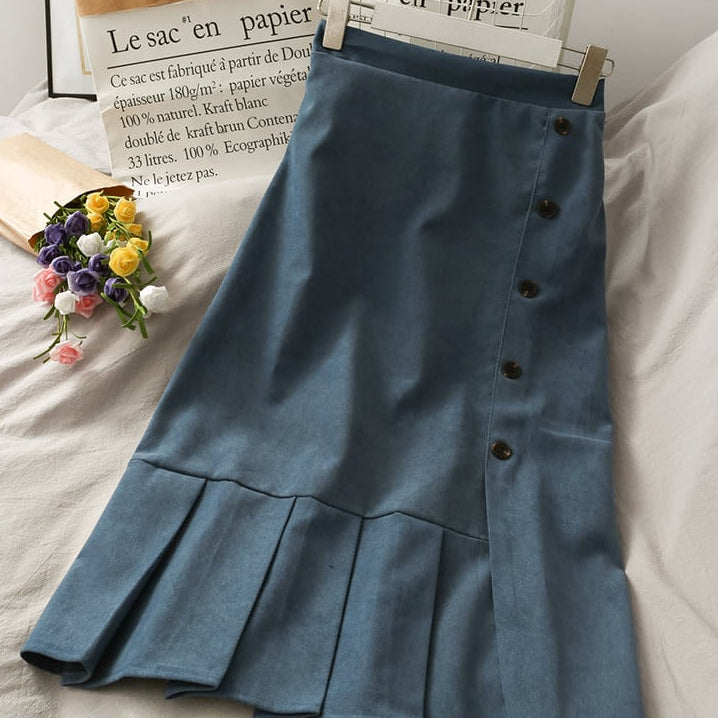 Women's mid-length skirt with button placket and side slit