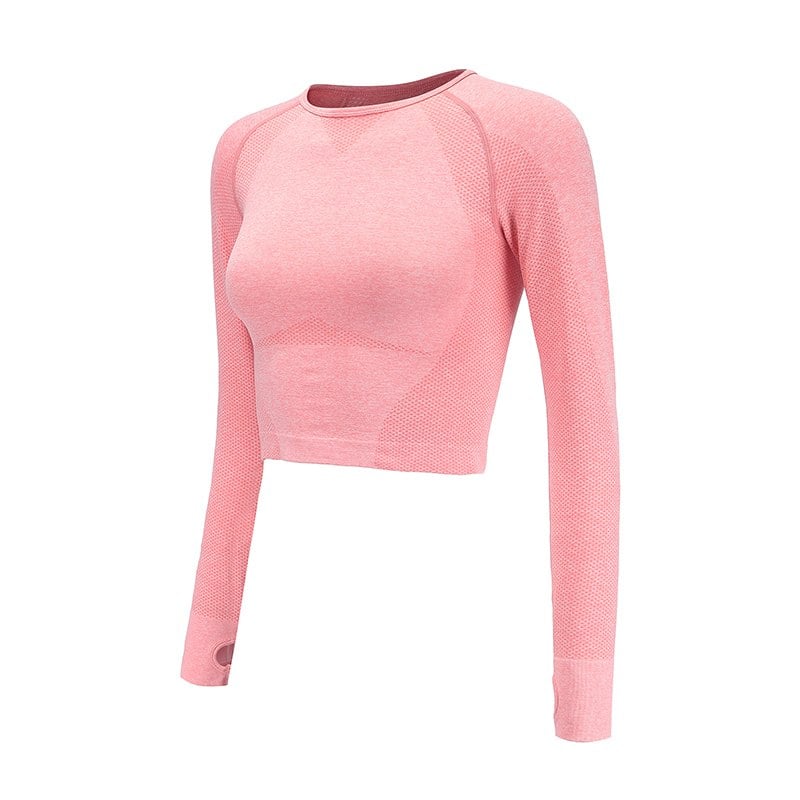 Rosa Damen-Langarmshirt, nahtlos, sportlich, atmungsaktiv, ideal für Fitness und Yoga. Enganliegendes Design, modisch und funktional.