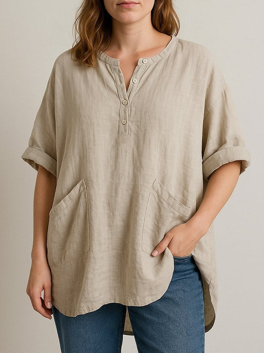 Women's V-neck Short-sleeve Shirt in Solid Color with Loose Fit